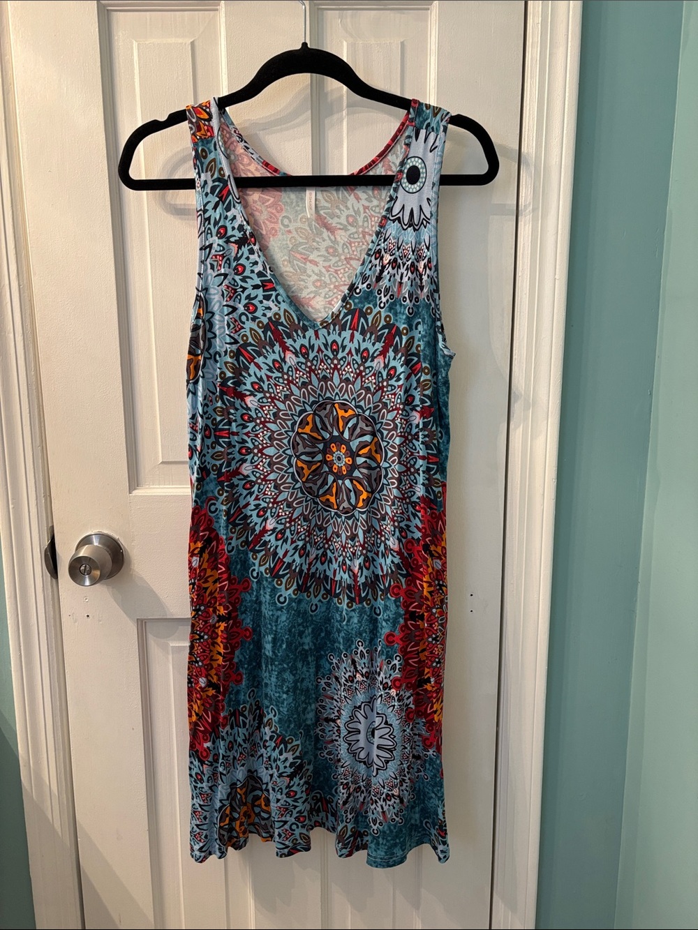 Sleeveless V-Neck Midi Dress in Teal with Red & Orange Medallion Print